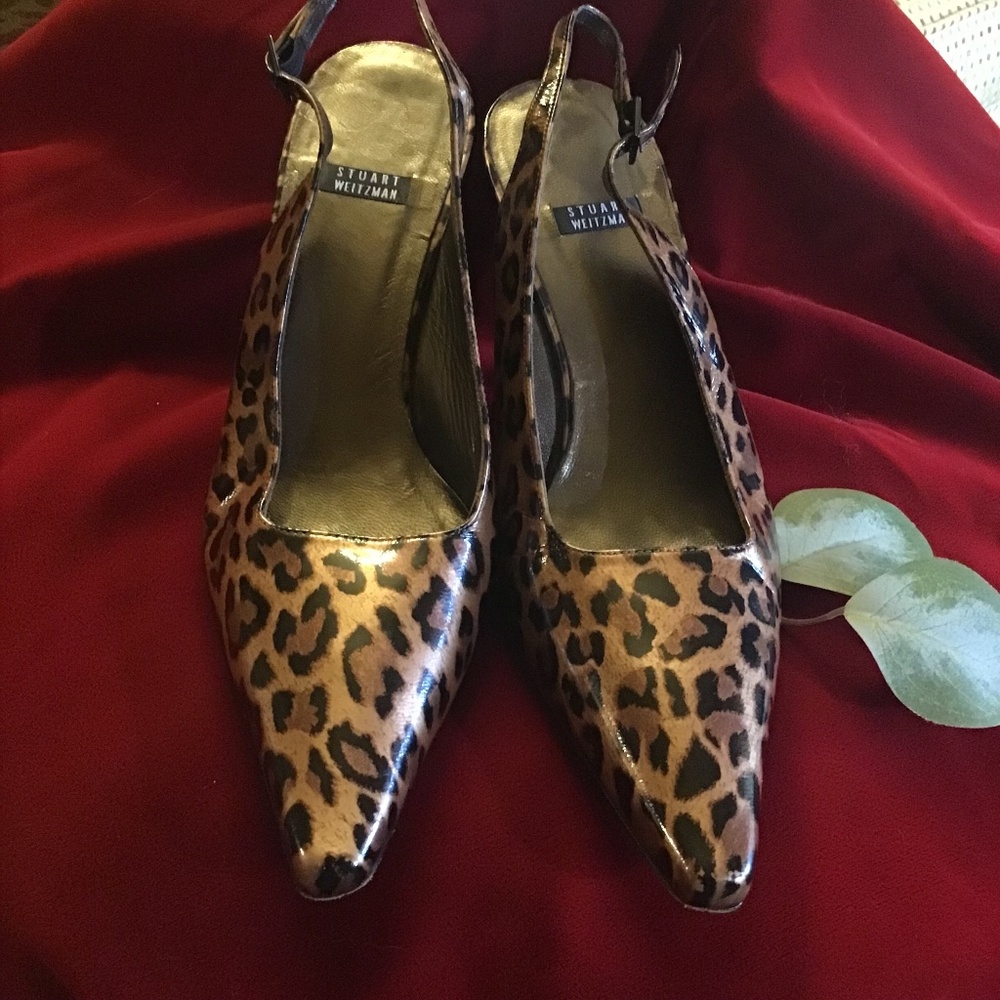 Stuart weitzman patent leather leopard sling back stilleto. Leather sole 7 1/2